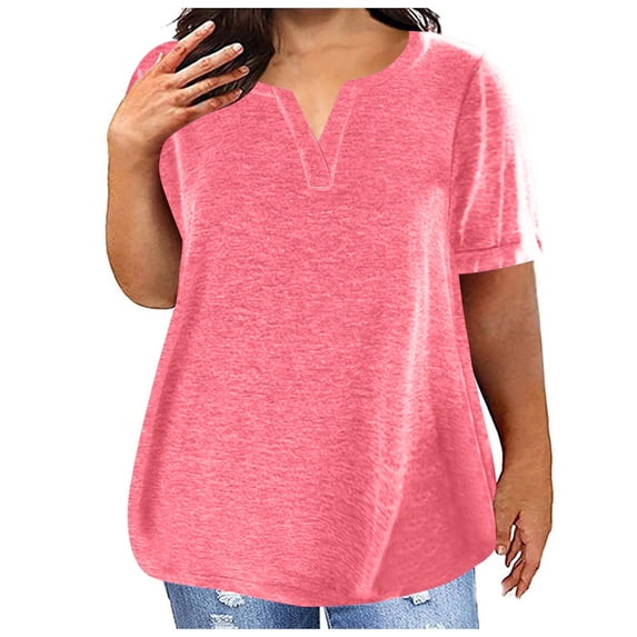 Plus Size Tops for Women Summer Top Loose Fit Tee Shirts V Neck Short Sleeve Blouse Tops for Women Trendy Pink M