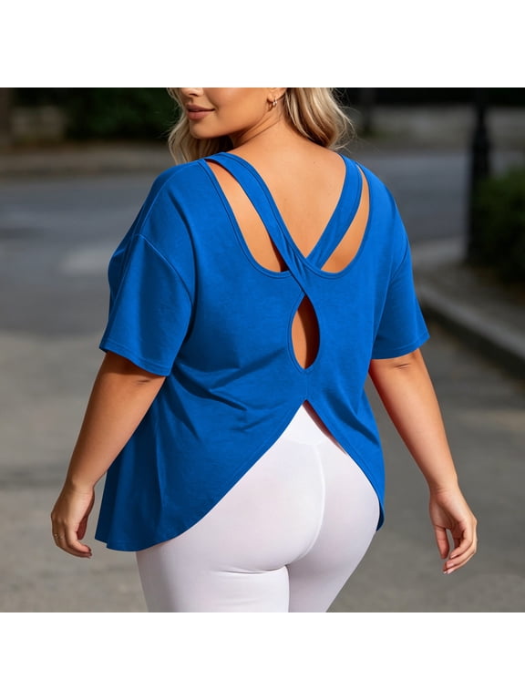 Plus Size Tops for Women Summer Yoga Running Shirts Womens Short Sleeve Backless Split Crew Neck Top S-4XL
