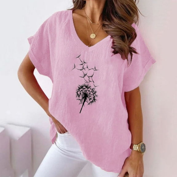 Plus Size Tops for Women Sunflower Print V-neck Cotton And Hemp Casual Short Sleeved T-shirt