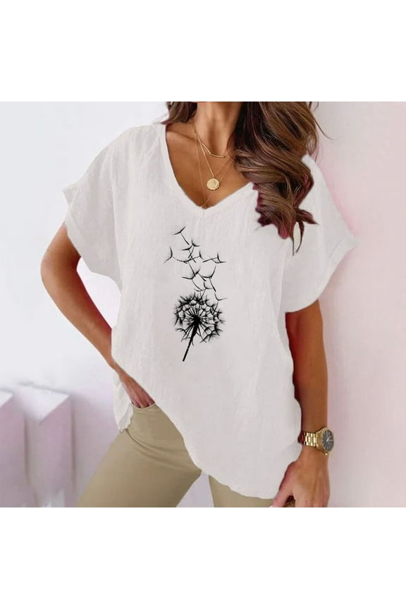 Plus Size Tops for Women Sunflower Print V-neck Cotton And Hemp Casual Short Sleeved T-shirt