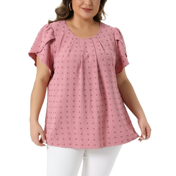 Agnes Orinda Women's Plus Size Valentines Day Tops Swiss Dot Crew Neck Short Tulip Sleeve Shirts Front Pleated Summer Blouse 1X Pink