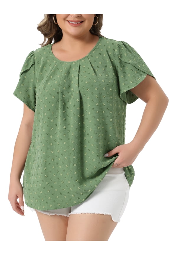 Women's Plus Size Easter Tops Swiss Dot Crew Neck Short Tulip Sleeve Shirts Front Pleated Summer Blouse 3X Green