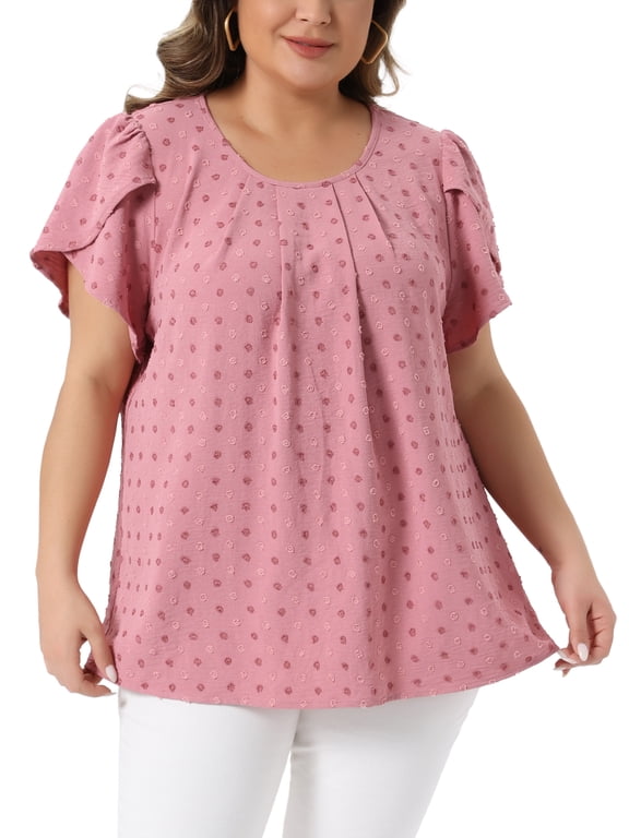 Women's Plus Size Easter Tops Swiss Dot Crew Neck Short Tulip Sleeve Shirts Front Pleated Summer Blouse 3X Pink