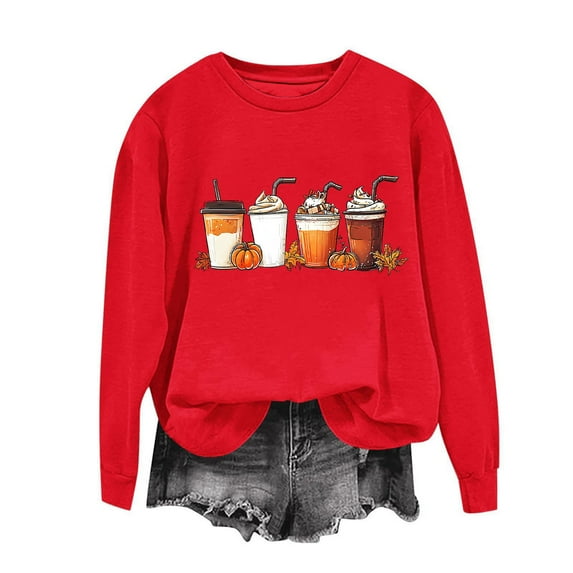 Fall Sweatshirts for Women Thanksgiving Printed Loose Casual Long Sleeved Hooded Sweatshirt Red XXL
