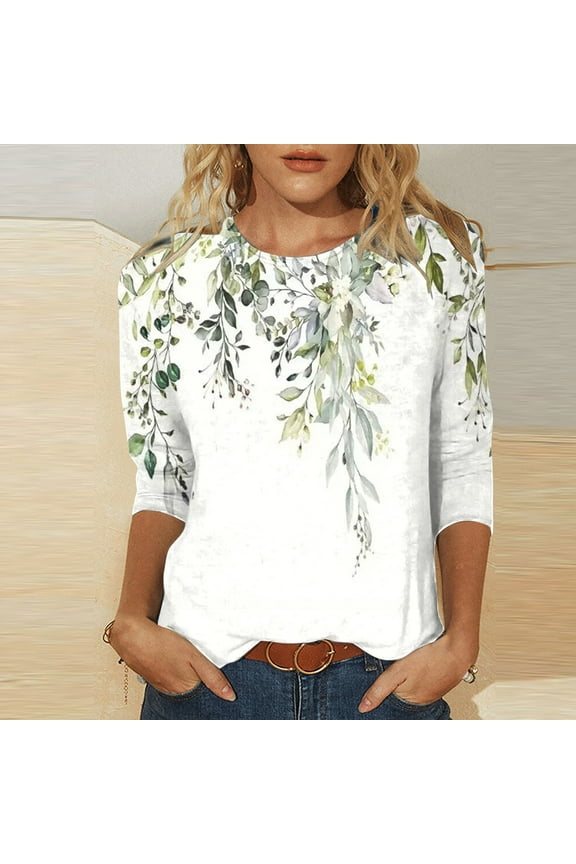 Plus Size Tops for Women Three Quarter Sleeve Retro Round Neck Easter Printed Loose Blouse