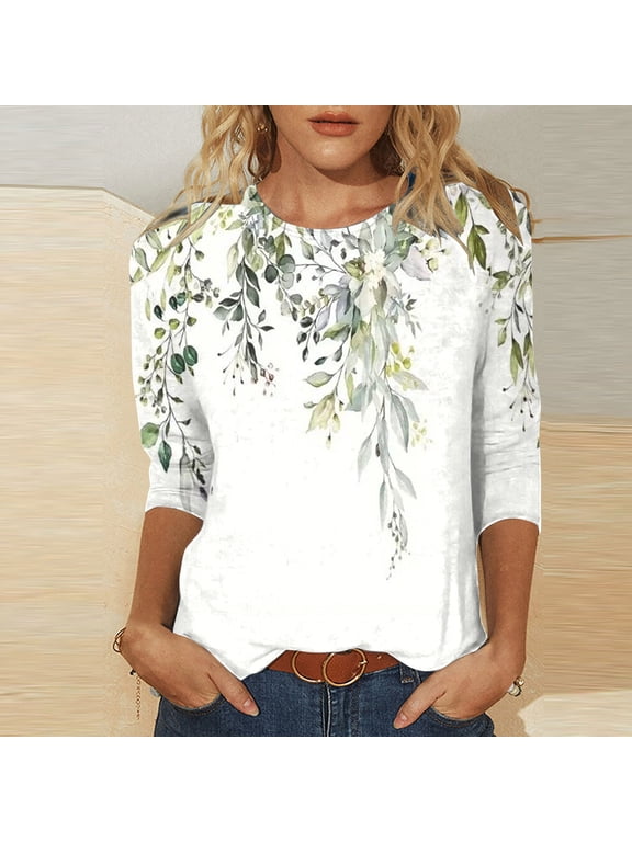 Plus Size Tops for Women Three Quarter Sleeve Retro Round Neck Easter Printed Loose Blouse