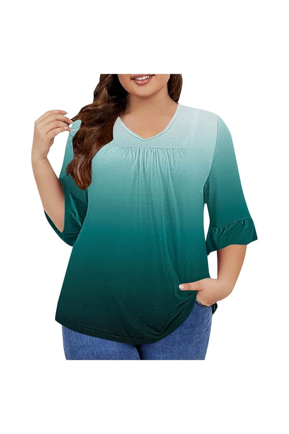 Plus Size Tops for Women Trendy Casual Gradient Shirts Fashion 3/4 Ruffle Sleeve V Neck Blouses Loose Tshirts Fall Winter Ladies Going Out Tops