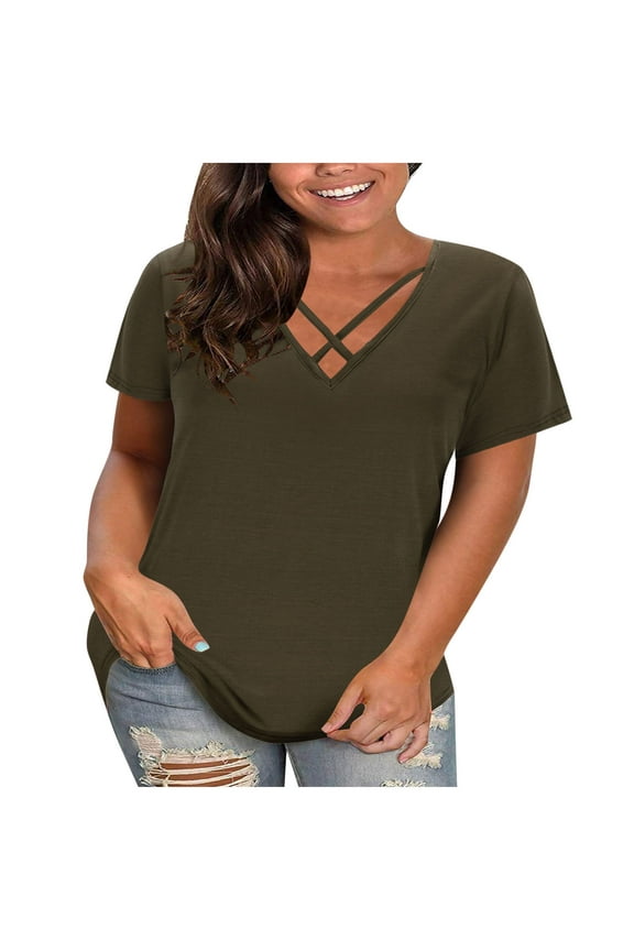 Plus Size Tops for Women Trendy Criss Cross Shirts Short Sleeve V Neck Blouse Casual Loose Fit Tunic Tops Summer 2026