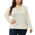 thumbnail image 1 of Plus Size Tops for Women Trendy Cross V Neck Long Sleeve T Shirts Solid Casual Loose Comfy Ladies Fall Blouse Tees Beige, 1 of 7
