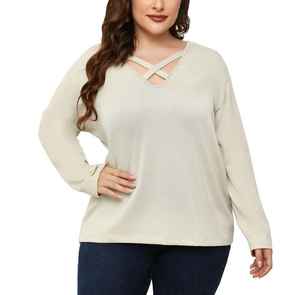 Plus Size Tops for Women Trendy Cross V Neck Long Sleeve T Shirts Solid Casual Loose Comfy Ladies Fall Blouse Tees Beige