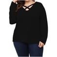 thumbnail image 1 of Plus Size Tops for Women Trendy Cross V Neck Long Sleeve T Shirts Solid Casual Loose Comfy Ladies Fall Blouse Tees Black, 1 of 6