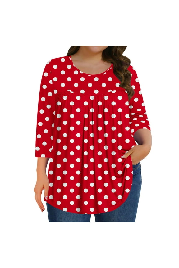 Plus Size Tops for Women Trendy Polkadot Print 3/4 Length Sleeves Pleat Shirts Crewneck Loose Comfy Flowy T-Shirt Red XX-Large