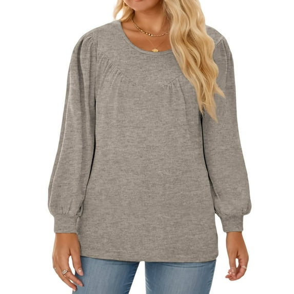 NISVIYA Womens Plus Size Tops Fall Casual Loose Fit Crew-Neck Tees Lightweight Puff Sleeve Sweatshirts
