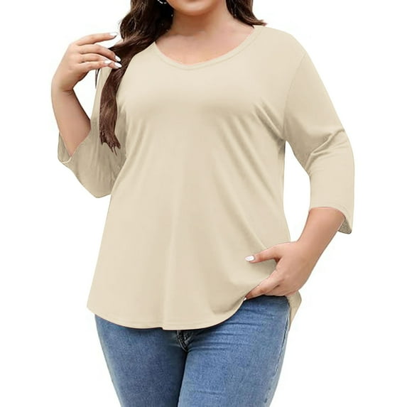 Plus Size Tops for Women Trendy Solid Color 3/4 Length Sleeves Crewneck Loose Comfy T-Shirts Classic Base Shirts Beige 4X-Large