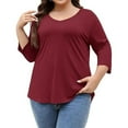 thumbnail image 1 of Plus Size Tops for Women Trendy Solid Color 3/4 Length Sleeves Crewneck Loose Comfy T-Shirts Classic Base Shirts Wine 4X-Large, 1 of 4