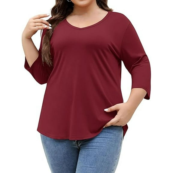 Plus Size Tops for Women Trendy Solid Color 3/4 Length Sleeves Crewneck Loose Comfy T-Shirts Classic Base Shirts Wine X-Large