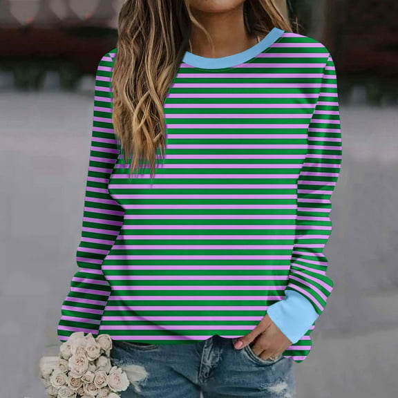 Plus Size Tops for Women Trendy Stripe Printed Pullover Crewneck Sweatshirts Top S-5X Ladies Casual Long Sleeve Basic Loose Comfort T Shirts