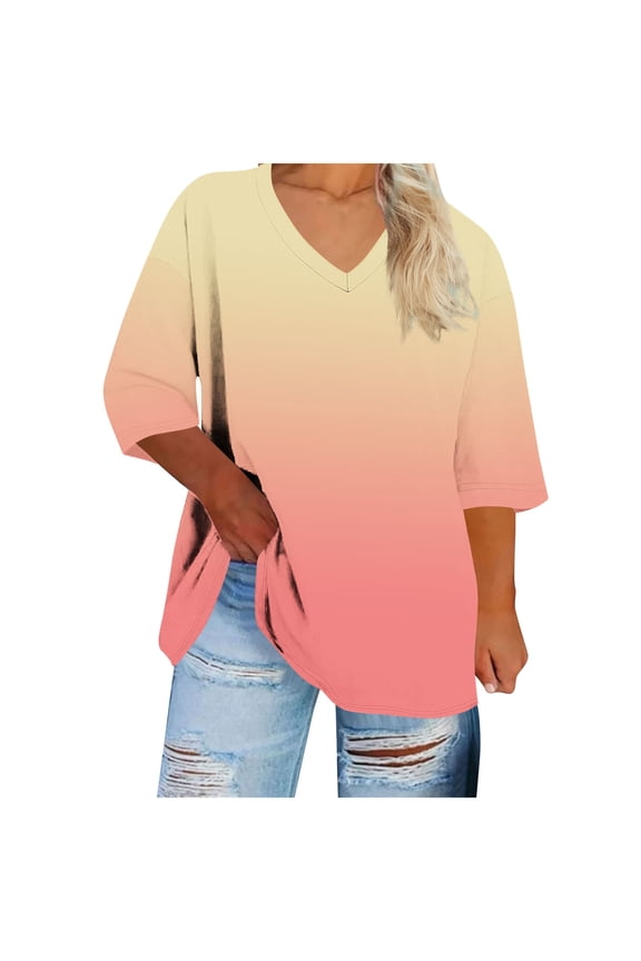 Plus Size Tops for Women V Neck 3/4 Sleeve T Shirts Summer Casual Loose Tunic Tees Gradient Color Work Shirts S-5X