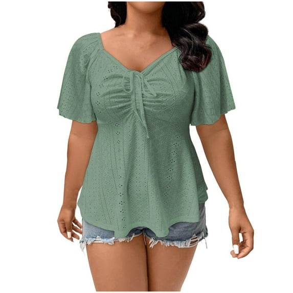 Plus Size Tops for Women V Neck Drawstring Front Eyelet Babydoll Short Sleeve Shirts Summer Loose Blouses (2XL, Green)