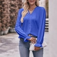 thumbnail image 1 of Plus Size Tops for Women V-Neck Long Sleeve Solid Loose T-shirt Blue M, 1 of 6