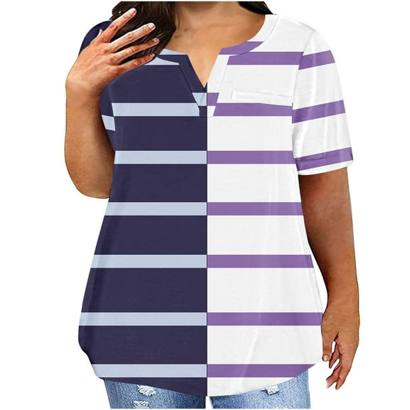 Plus Size Tops for Women V-Neck Short Sleeve Striped Patchwork Print Casual Loose Blouse Navy 2XL