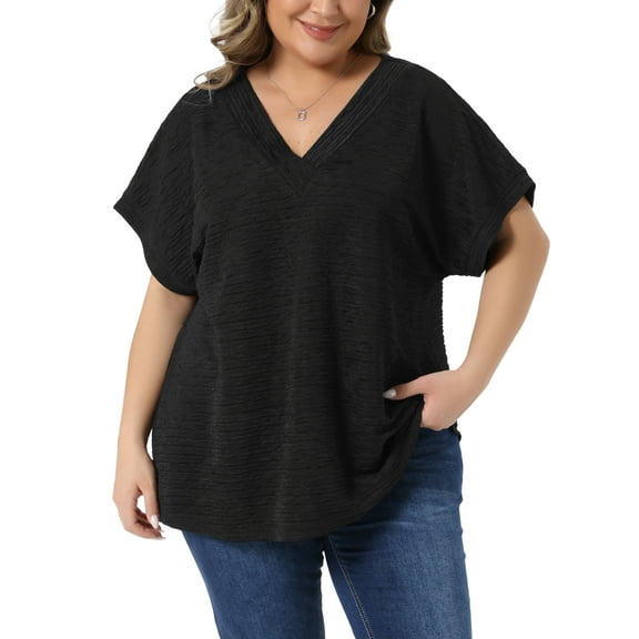 Agnes Orinda Women's Plus Size School College Tops Textured V Neck Short Sleeve Summer Casual Solid Blouses 2X Black