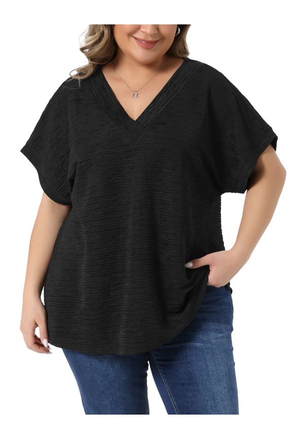 Women's Plus Size Tops Textured V Neck Short Sleeve Summer Casual Solid Blouses 2X Black