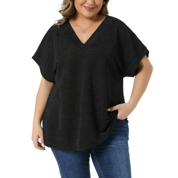 Agnes Orinda Women's Plus Size Tops Textured V Neck Short Sleeve Summer Casual Solid Blouses 2X Black