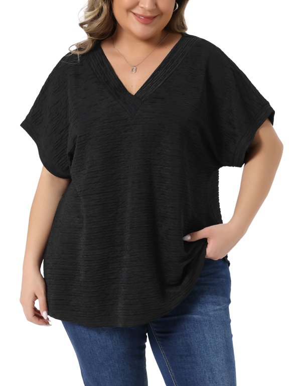 Women's Plus Size Tops Textured V Neck Short Sleeve Summer Casual Solid Blouses 2X Black