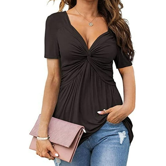 Plus Size Tops for Women V-neck Bow Sexy Short-sleeved Casual Blouses Black S