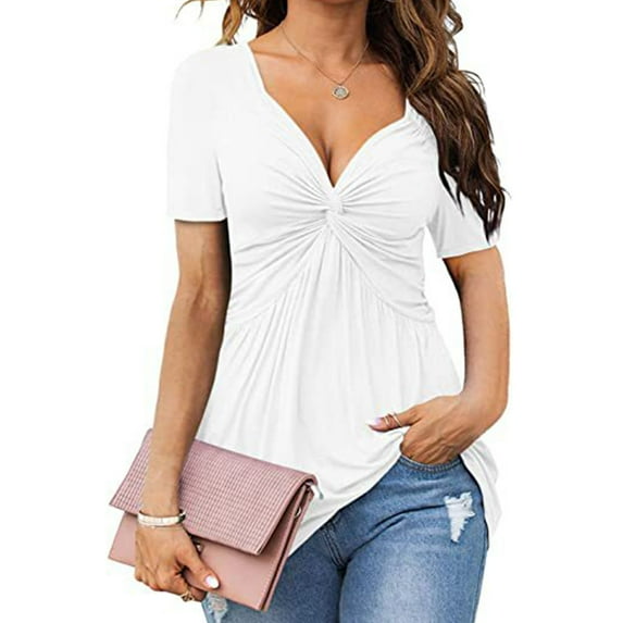 Plus Size Tops for Women V-neck Bow Sexy Short-sleeved Casual Blouses