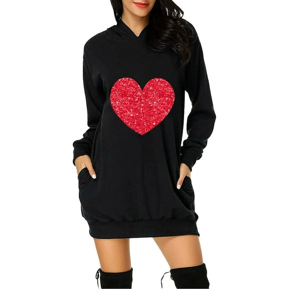 Plus Size Tops for Women Valentine's Day Letter Print Hooded Pockets Sweatshirt Dress