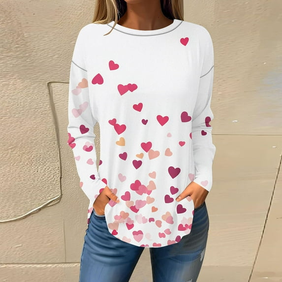 Plus Size Tops for Women Valentine's Day Long Sleeve Printed Loose Round Neck Casual T-shirt Pink 5XL
