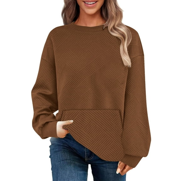 Plus Size Tops for Women Viikei Sweatshirts for Women Crewneck,Womens Casual Oversized Loose Solid Round Neck Sweater Long Sleeved Tops Coffee M