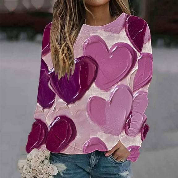 Plus Size Tops for Women Viikei Womens Tops Crew Neck Sweatshirt,Women's Valentine's Day Printed Long Sleeved Round Neck Top/shirt Multicolor XXXL
