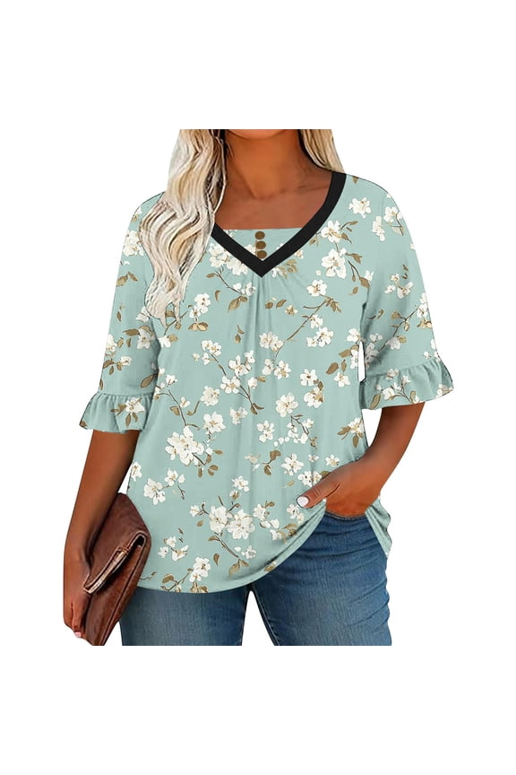 Plus Size Tops for Women Vintage Ethnic Printed Shirt V Neck Ruffle Short Sleeve Top Pleated Front Blouses Dressy Casual Summer Clothes