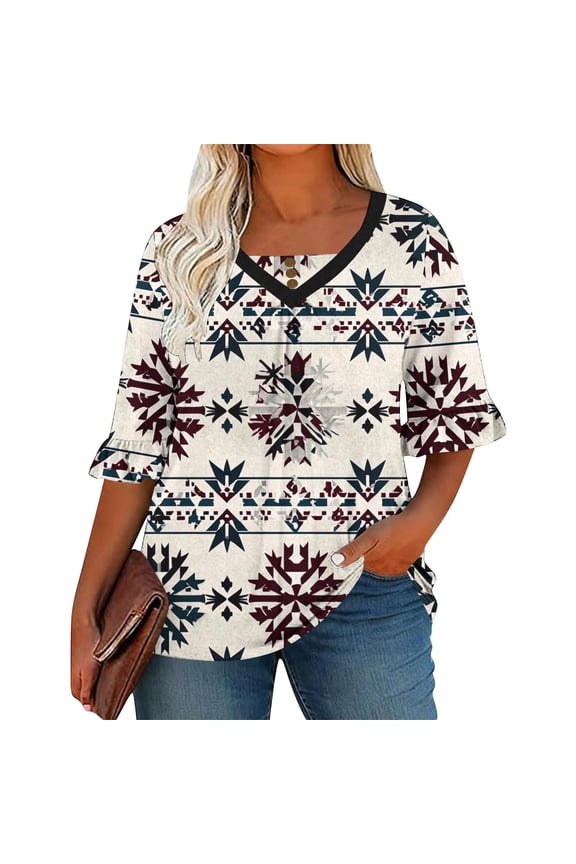 Plus Size Tops for Women Vintage Ethnic Printed Shirt V Neck Ruffle Short Sleeve Top Pleated Front Blouses Dressy Casual Summer Clothes