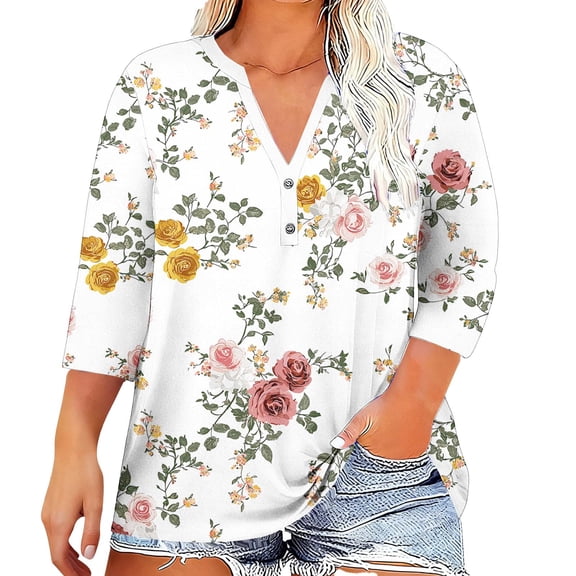 Plus Size Tops for Women Vintage Floral Printed Tshirt V Neck Button Up Blouse 3/4 Sleeve Casual Shirts Summer Dressy Tops