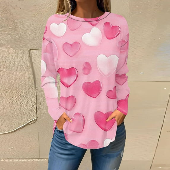 Plus Size Tops for Women under $10 Valentine's Day Long Sleeves Printed Loose Round Neck Casual T-shirt Pink 3XL