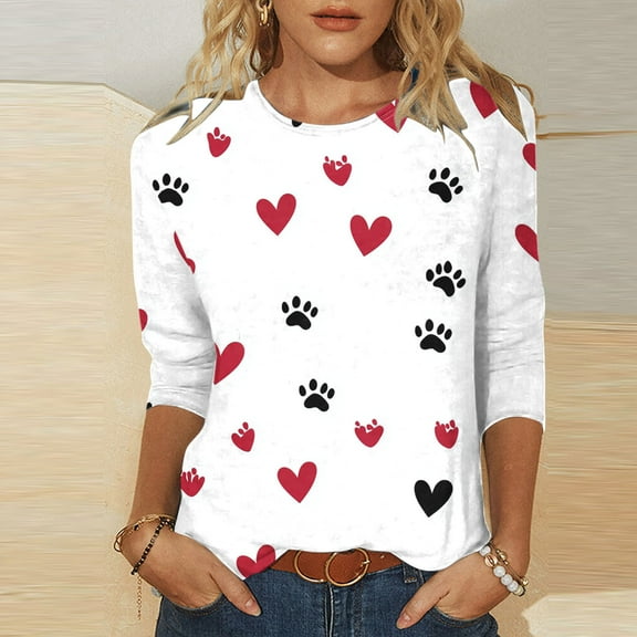 Plus Size Tops for Women under $5 3/4 Sleeve Round Neck Pullover Love Dog Claw Printed Casual Print Blouse Red 2XL