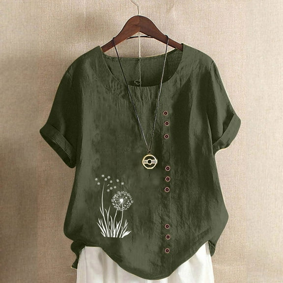 Plus Size Tops for Women under $5 Short Sleeve Button Round Neck Casual Floral Printed T-shirt Blouse Army Green XL