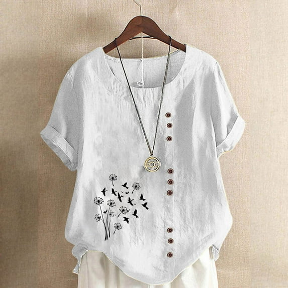 Plus Size Tops for Women under $5 Short Sleeve Button Round Neck Casual Floral Printed T-shirt Blouse White XL