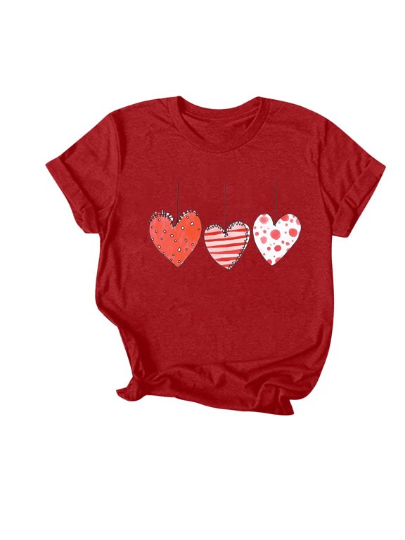 Plus Size Tops for Women under $5 Valentine's Day Round Neck Short Sleeved Printed Top Red 2XL