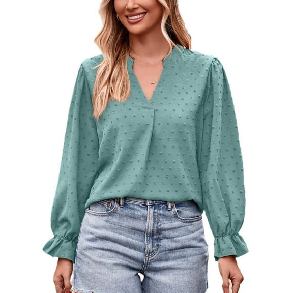 Plus Size Tops for WomenWomen's Fashion Casual Solid Colour V-Neck T-Shirt Loose Long Sleeve Top