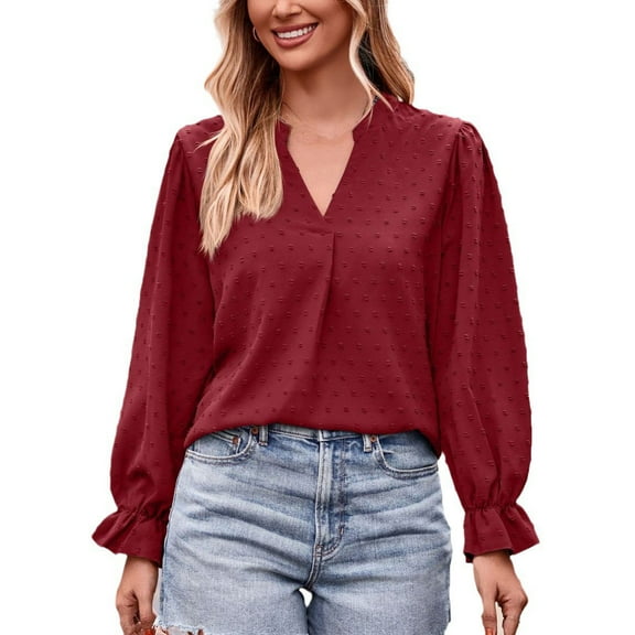 Plus Size Tops for WomenWomen's Fashion Casual Solid Colour V-Neck T-Shirt Loose Long Sleeve Top