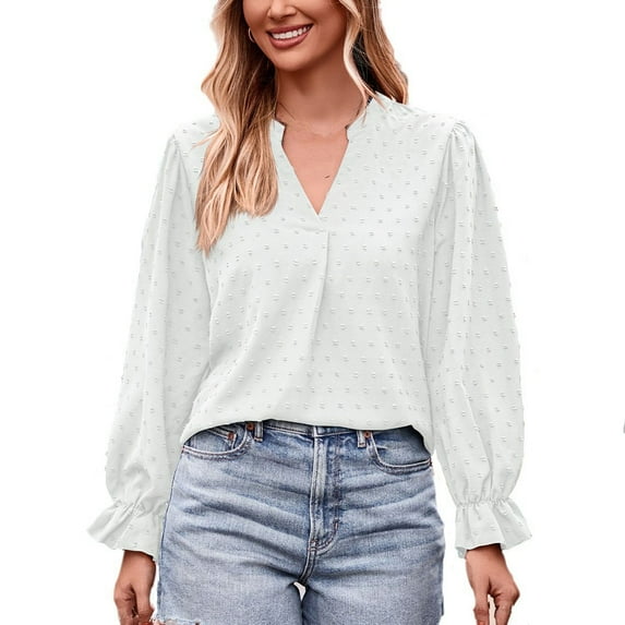 Plus Size Tops for WomenWomen's Fashion Casual Solid Colour V-Neck T-Shirt Loose Long Sleeve Top