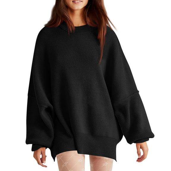 Plus Size Tops for WomenWomen's Fashion Loose Pullover Knit Solid Color Long Sleeve Split Round Neck Sweater