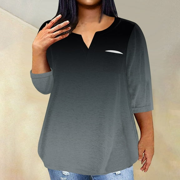 Plus Size Tops for WomenWomen's Fashionable Casual Three Quarter Sleeve Printed V Neck Pullover 4/3 Sleeve Top