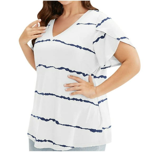 Plus Size Tops for Womens 2025 Fashion Large Leaf Sleeve Printed Short Sleeved V-Neck Top