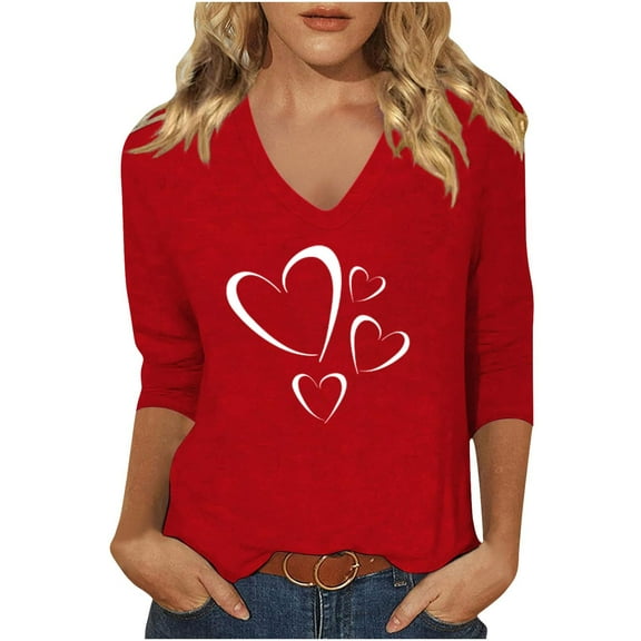 Plus Size Tops for Womens Heart Graphic 3/4 Sleeve Tshirts Valentine's Day Casual V Neck Tee Shirts